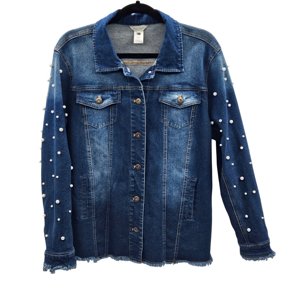 Multiples Womens Denim Jacket Pearl Embellished Frayed Hem‎ Blue Size XL